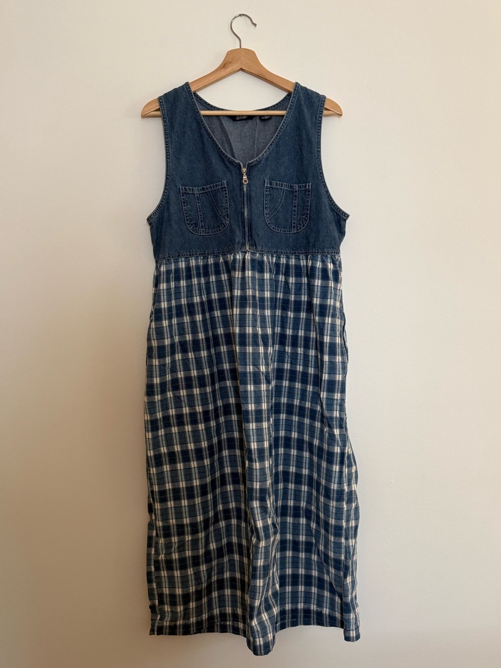 Vintage 90s DPS New York Denim Bodice Plaid Midi Dress - Navy & White